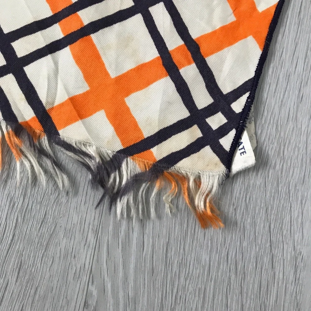 SCARF NAVY IVORY ORANGE NOVA CHECK SATIN FRINGE HEM